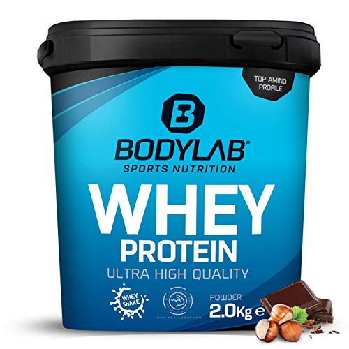 Bodylab24 Whey Protein Powder Avellana-Cacao 2kg, polvo rico en proteína para músculos más fuertes, la proteína de suero puede promover la construcción de músculo, con 80% de proteína, sin aspartamo