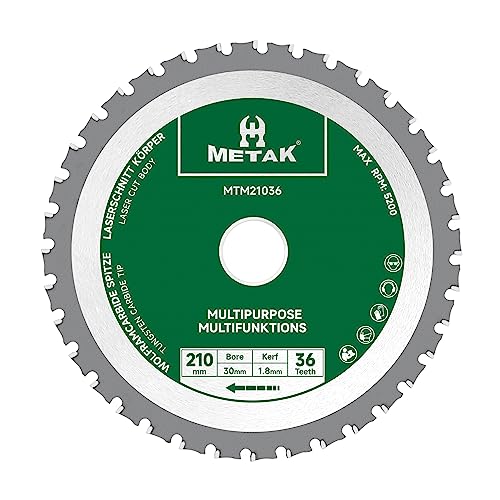 METAK HM - Hoja de sierra circular multifunción (210 x 30 mm, para madera, metal, aluminio, hoja de sierra multimaterial, 210 mm, 36 dientes para acero, anillo reductor de 30 mm, incluye