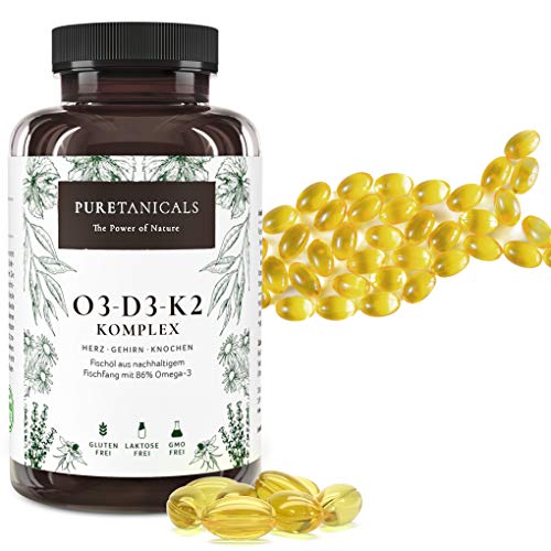 Omega 3 + Vitamina D3 + K2 MK7 All-Trans - Premium O3-D3-K2 Complejo Alta Dosis | Aceite de Pescado con Ácidos Grasos Esenciales EPA DHA | Óleo Omega3 Líquido | 240 Cápsulas de Gel Blando