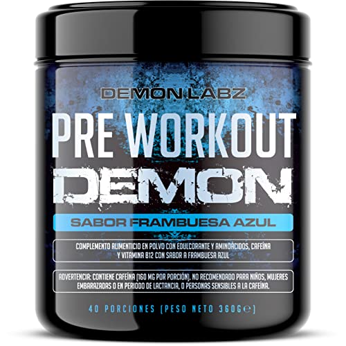Pre Workout Demon - Suplemento Potente pre-Entreno con Creatina, Cafeína, Beta-Alanina y Glutamina (Frambuesa Azul, 360g)