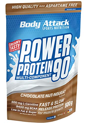 Body Attack Power Protein 90, Turrón de Chocolate y Nueces, 500g, 5 K de proteína en polvo con proteína de suero, L-carnitina y BCAA para el desarollo de los músculos y el fitness