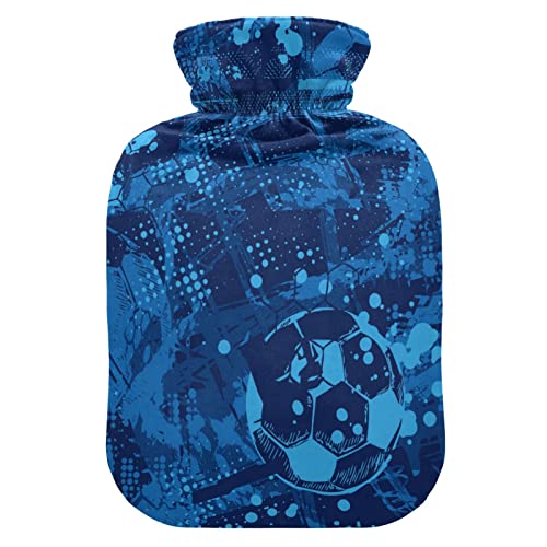 Mnsruu Botella de agua caliente con cubierta suave, bolsa de agua caliente de fútbol azul, gran regalo para mujeres y niños Navidad, 2L