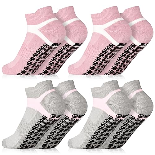 4 pares de calcetines antideslizantes para yoga, pilates, ballet, calcetines de algodón para mujer, calcetines antideslizantes para ejercicio, fitness, calcetines de agarre para cama elástica,