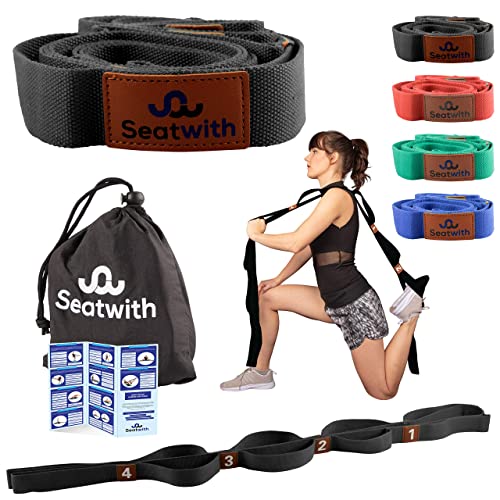 Seatwith Cinturon Yoga con Loops - Correa Yoga para Estiramientos con 10 Anillos - 200 x 4 cm - Bolsa de Viaje + Instrucciones - Accesorios Yoga, Pilates, Fisioterapia, Fitness - Negro
