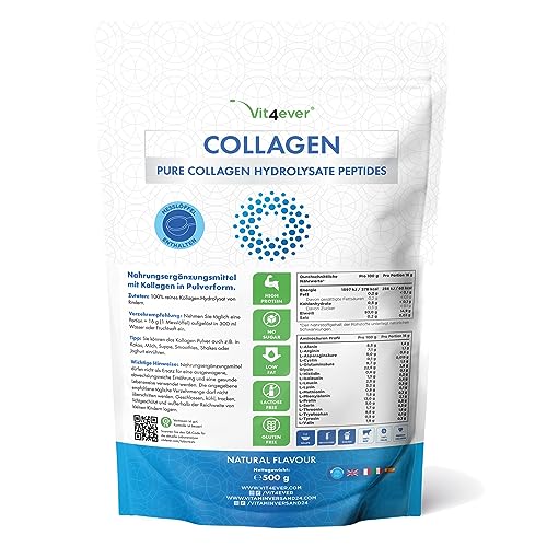 Colágeno en polvo 500 g - Premium: 100% colágeno bovino hidrolizado péptidos - Sin sabor - Sin aditivos - Colágeno tipo 1 2 3