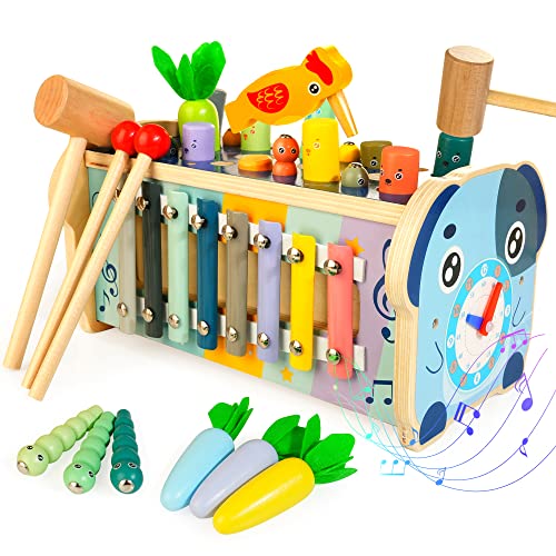 7 en 1 Juguetes Montessori Educativos de Aprendizaje para Bebés Juego de Golpear un Topo de Madera con Xilófono Juego de Cosecha de Zanahorias Juguetes de Motricidad Fina para Niños Niñas Edad 1 2 3