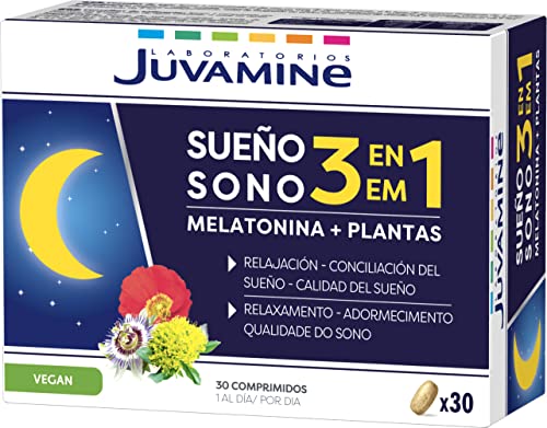 JUVAMINE - Sueño 3 en 1 - Melatonina - Pasiflora - Rodiola - Amapola - Suplemento Alimenticio - Relajación