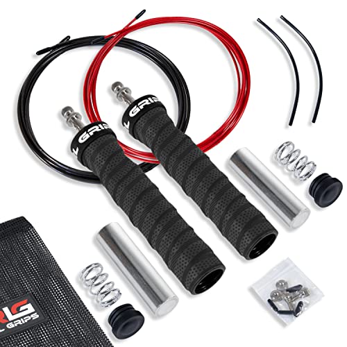 RL Grips® Comba de Velocidad RLG JUMP ROPE J1 + 2 Cables de 2 mm y 3 mm + Lastres + Protectores de Cable + Repuestos + Bolsa de Rejilla (Comba Negra (Set Completo))