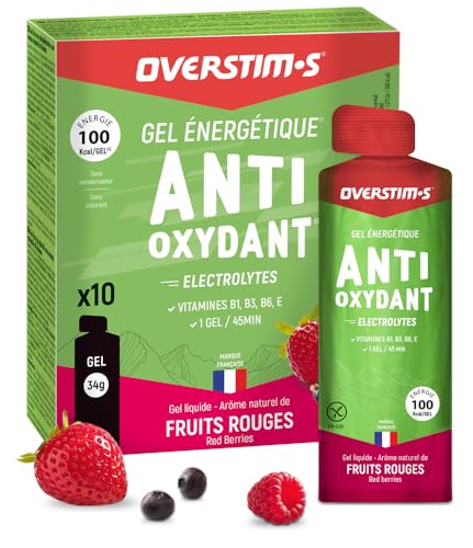 OVERSTIM.s - Gel Antioxidante (x10) - Gel energético para deporte - Reduce calambres - Energía sostenible - Electrolitos (Magnesio, Sodio) - Reduce fatiga - 100 kcal/Gel - Frutas Rojas