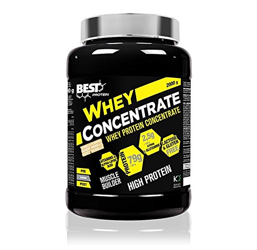 BEST PROTEIN, Whey concentrate, Concentrado de proteína de suero de leche, Alto en BCAA, glutamina y aminoácidos esenciales, Sabor vainilla, 2000 gr