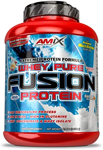 AMIX - Proteína Whey - Pure Fusion - 2,3 Kg - Concentrado de Suero Ultra Filtrado - Isolada con Splenda - Contiene L-glutamina - Proteínas para Aumentar Masa Muscular - Sabor Plátano