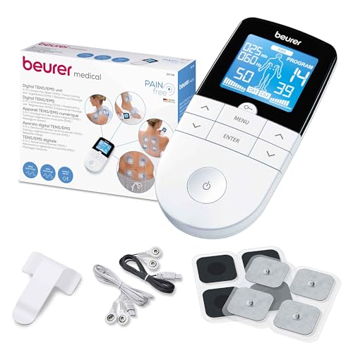 Beurer EM 49 TENS/EMS digital, dispositivo de corriente de estimulación 3 en 1 para el alivio del dolor y entrenamiento, función de masaje, incluye 4 electrodos, Color Blanco