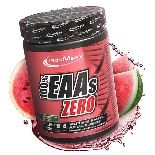 IronMaxx 100% EAAs Cero - sandía envase de 500g | polvo de EAA, vegano y sin azúcares con todos los 8 aminoácidos esenciales | sabor afrutado, sin conservantes
