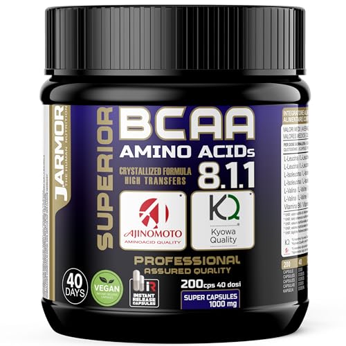 Jarmor Bcaa 8 1 1 Aminoácidos ramificados Kyowa Ajinomoto Masa Muscular Capsulas 1000 mg Veganos (200 cápsulas)