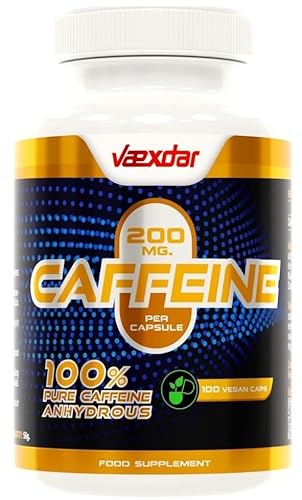 Vaexdar Caffeine | Cafeína 100% Anhidra Pura | 100 Cápsulas Vegetales de 200mg | Efecto Rápido | Mejora el Rendimiento Físico y Mental | Testado en Laboratorio | Fabricado en España