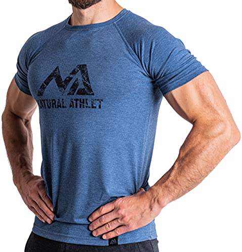 Natural Athlet Camiseta de fitness de corte entallado para hombre – Camiseta larga de secado rápido para gimnasio – culturismo, entrenamiento de fuerza y deporte, azul, L