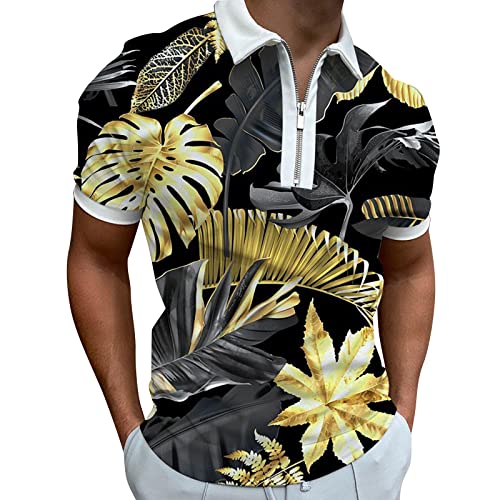 CANDE Cool Tshirts Herren Muscle Turn Down Collar Shirts Slim Fit Kurzarm Floral 3D Print Cotton Zipper T Shirts Soft Tees Cool Tshirts, Negro , XL