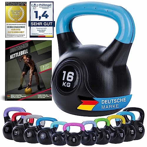 Body & Mind® Kettlebell Ball mancuerna de plástico 2-20 kg - mancuerna de Pesas para Entrenamiento de Fuerza - mancuerna de balanceo para Fitness Profesional. (16Kg)