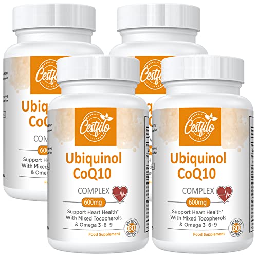 Ubiquinol CoQ10 600 mg cápsula blanda - Forma activa de CoQ10 más vitamina E y omega 3 6 9 - Suplemento antioxidante avanzado de coenzima Q10 para el corazón y el cerebro (60 Count, Pack of 4)