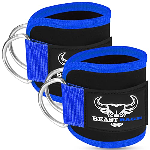Beast Rage Correas de Tobillo para máquina de Cables, 2 Piezas de Entrenamiento de piernas, puños de Gimnasio, Soporte Acolchado, Carga de polea Ajustable con Anillo en D para Fitness (Azul)