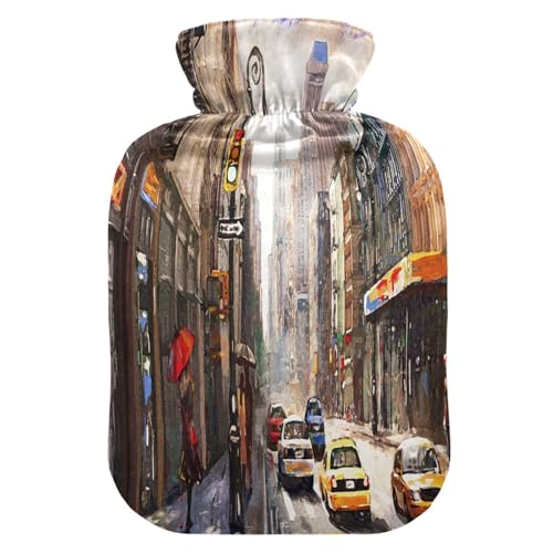 HMZXZ Botella de agua caliente con tapa, pintura al óleo Nueva York 2L PVC Capacidad temática Bolsa de agua caliente para alivio del dolor, pies, calambres menstruales