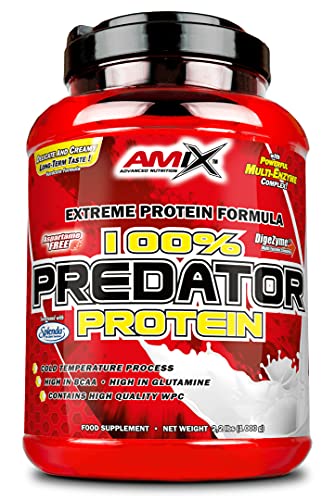AMIX, Proteínas para Aumentar Masa Muscular con Sabor a Fresa, Predator en Formato Bote de 1 Kg, Ayuda al Crecimiento Muscular, Libre de Aspartamo, Ideal para Batidos de Proteínas