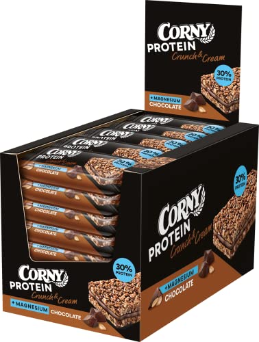 Corny - Protein Crunch & Cream Chocolate, Barritas Proteicas de Cereales con Chocolate con Leche, con 30% de Proteínas y Magnesio, Ayudan al Desarrollo y Recuperación de la Masa Muscular-Pack 24