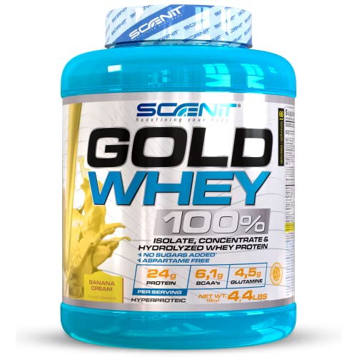 Gold Whey 100% - 100% whey protein, proteinas whey para el desarrollo muscular - Proteinas para masa muscular con aminoácidos - Whey protein + proteinas whey isolate + hidrolizado - 2 kg (Banana)