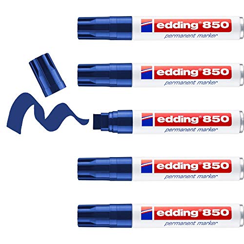 edding 850 marcador permanente - azul - 5 rotuladores - punta biselada 5-15 mm - para marcas llamativas - resistente al agua, secado rápido, indeleble - para cartón, plástico, madera, metal, vidrio