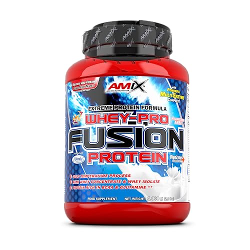 AMIX - Proteína Whey - Pure Fusion - 1 Kg - Concentrado de Suero Ultra Filtrado - Isolada con Splenda - Contiene L-glutamina - Proteínas para Aumentar Masa Muscular - Sabor Cacahuete, Choco y Caramelo