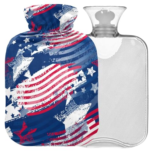 Naanle Botella de agua caliente con tapa transparente con bandera americana, bolsa de agua caliente grande de 2 litros, alivio del dolor, terapia de frío y calor