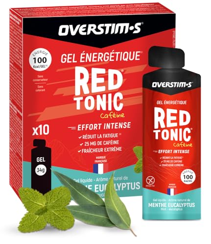 OVERSTIM.s - Gel Red Tonic (x10) - Gel energético para deporte (ciclismo, correr) - Energía instantánea - Cafeína - Reduce fatiga - 100 kcal/Gel - Menta Eucalipto
