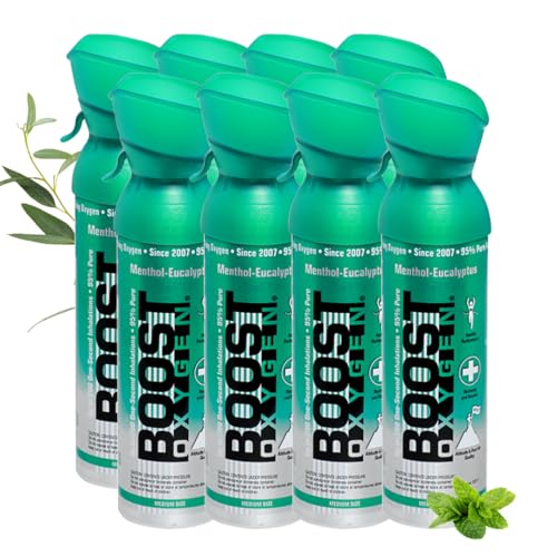 Boost Oxygen- Botella de Oxígeno Portátil- Lata de Oxigeno 95% Puro y Natural- Concentración, Recuperación, Energía, Estado de Ánimo, Mediano- 40L,8x5L (8x Envases- 800 Inhalaciones)- Mentol-Eucalipto