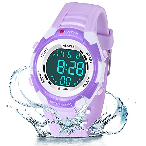 Juboos Reloj digital para niños, 7 colores, luz LED, reloj deportivo para niños, resistente al agua, con alarma, cronómetro, reloj de pulsera para niños y niñas, morado, Fashion Simple Sports