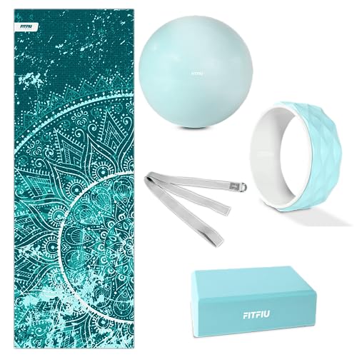 Fitfiu Fitness KITWELL-500 - Pack de 5 Accesorios Yoga Pilates Color Azul Que Incluye Esterilla, Bloque, Rueda, Correa y Pelota