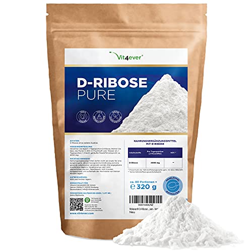 D-Ribosa en polvo - 320 g - 80 raciones diarias con 4 g (suministro para 2,6 meses) - Naturalmente de fermentación - Puro y sin aditivos - Altamente dosificado - Natural - Vegano