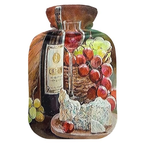 HMZXZ Botella de agua caliente con tapa, botella de vino tinto, uvas, queso, pintura al óleo, capacidad temática de PVC, bolsa de agua caliente para aliviar el dolor, pies, calambres menstruales