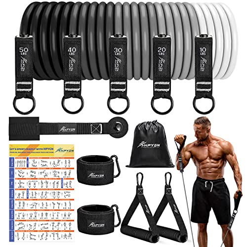 Bandas elasticas musculacion, 5 Pesos Diferentes, Set de Bandas de Fitness con Asas, Correas de Tobillo y Anclaje de Puerta, para Gimnasio en Interiores y Exteriores, para Fisioterapia y Regalos