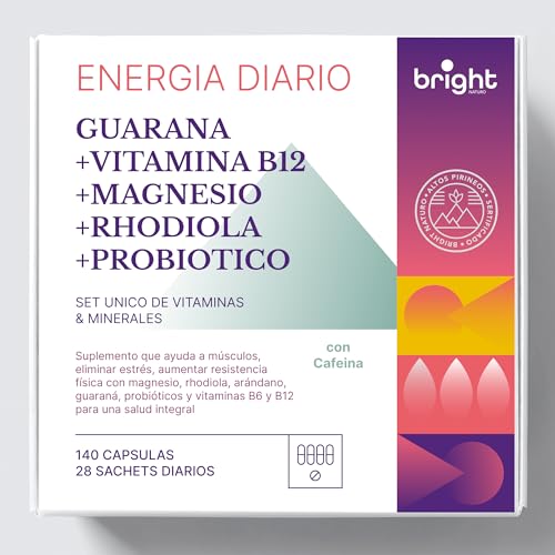 Para el cansancio y la fatiga. Set único de vitaminas con Cafeína: Guaraná + Vitaminas B12 + Rhodiola + Magnesio + Probiótico. Aumenta la energía. 28 sachets diarios