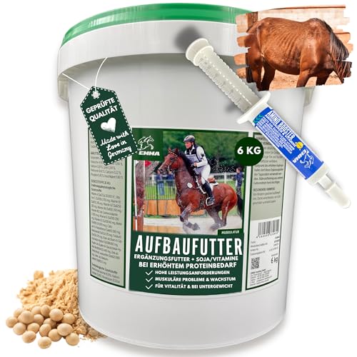 Pienso para caballos + Amino Booster 6Kg 30ml Polvo para aumentar la musculatura de los caballos + Grist de extracción de soja I Vitamina E Selenio Biotina Zinc I Muscle Plus - Proteína Musculatura
