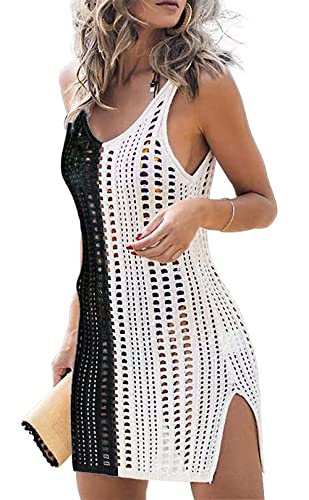 Timuspo Trajes de baño de ganchillo para mujer Cover Ups abertura lateral vacaciones playa bikini playa traje de baño vestido …, negro y blanco, XL