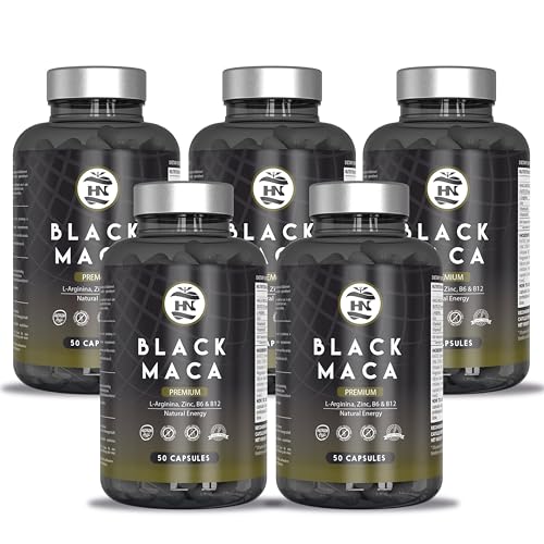 Maca Negra Andina Peruana con L arginina 50 capsulas Alta concentración para máxima energía y rendimiento Vitaminas B6 y B12 contra cansancio y fatiga maka para hombres y mujeres (50 Caps x 5 botes)
