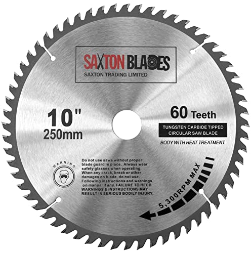 Saxton TCT - Hoja de sierra circular para madera (250 mm x 30 mm x 60 T, para Bosch, Makita, etc. Compatible con sierras de 255 mm)