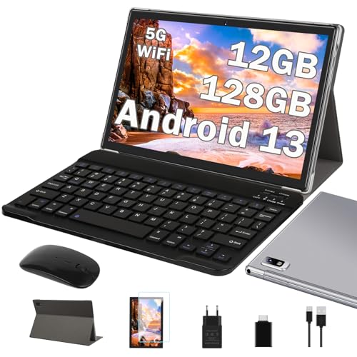 2024 Newest Tablet 10 Pulgadas Android 13 Tablets, 12GB RAM+128GB ROM/TF 1TB, 5G WiFi, 8-Core 2.0 GHz | GMS Certificado | BT 5.0 | Widgets | Control parental | Tablet con funda, teclado y ratón - Gris