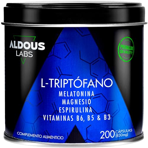 200 Cápsulas Triptofano con Melatonina y Magnesio + Vitamina B6, B5, B3 + Espirulina - Máxima Dosis para Descansar - 1,78mg de Melatonina con Magnesio - 600mg de Triptófano para Dormir Bien