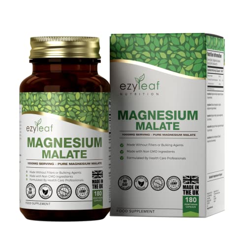 Ezyleaf Malato de Magnesio | 1000mg de Malato por Porción - 180 Cápsulas, Alta Potencia | Veganas y Sin Relleno | sin OGM, Gluten ni Alérgenos |Hecho en el RU