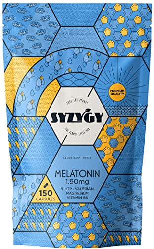 SYZYGY FOOD | 150 Cápsulas Melatonina 1,90mg | +5 meses | Con 5HTP, Magnesio, Valeriana, Vitamina B6 | Pastillas para Dormir Bien, Reducir Estrés, Aumentar Serotonina | Fabricado en España