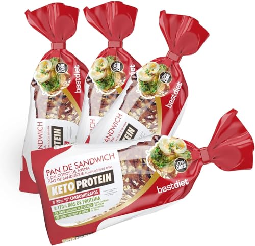 Keto Protein Bestdiet - Pan Proteico Sin Azucar Añadido, Saciante, Rico en Fibra y Proteínas, Congelable, apto para dietas Hipocalóricas, Pack de 4 barras de 365 gramos