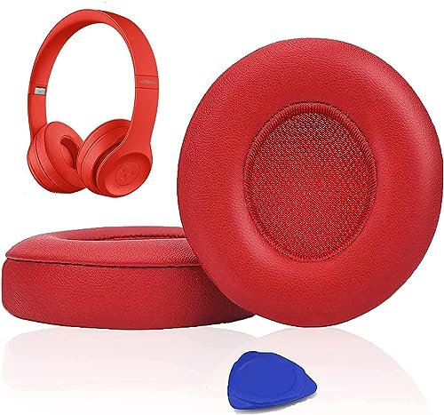 SoloWIT® Almohadillas de Repuesto para Beats Solo 3 & Solo 2 Wireless Auriculares supraaurales, con Cuero de proteína Suave/Espuma de Memoria de Aislamiento de Ruido-(Rojo)