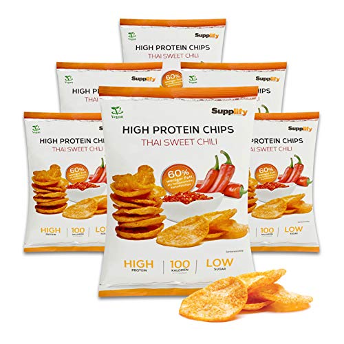 Supplify Chips de proteínas (Thai Sweet Chili - vegano). Snack de proteina para perder peso o aumentar masa muscular: la rica alternativa a los polvos de proteína o a las barritas de proteína.